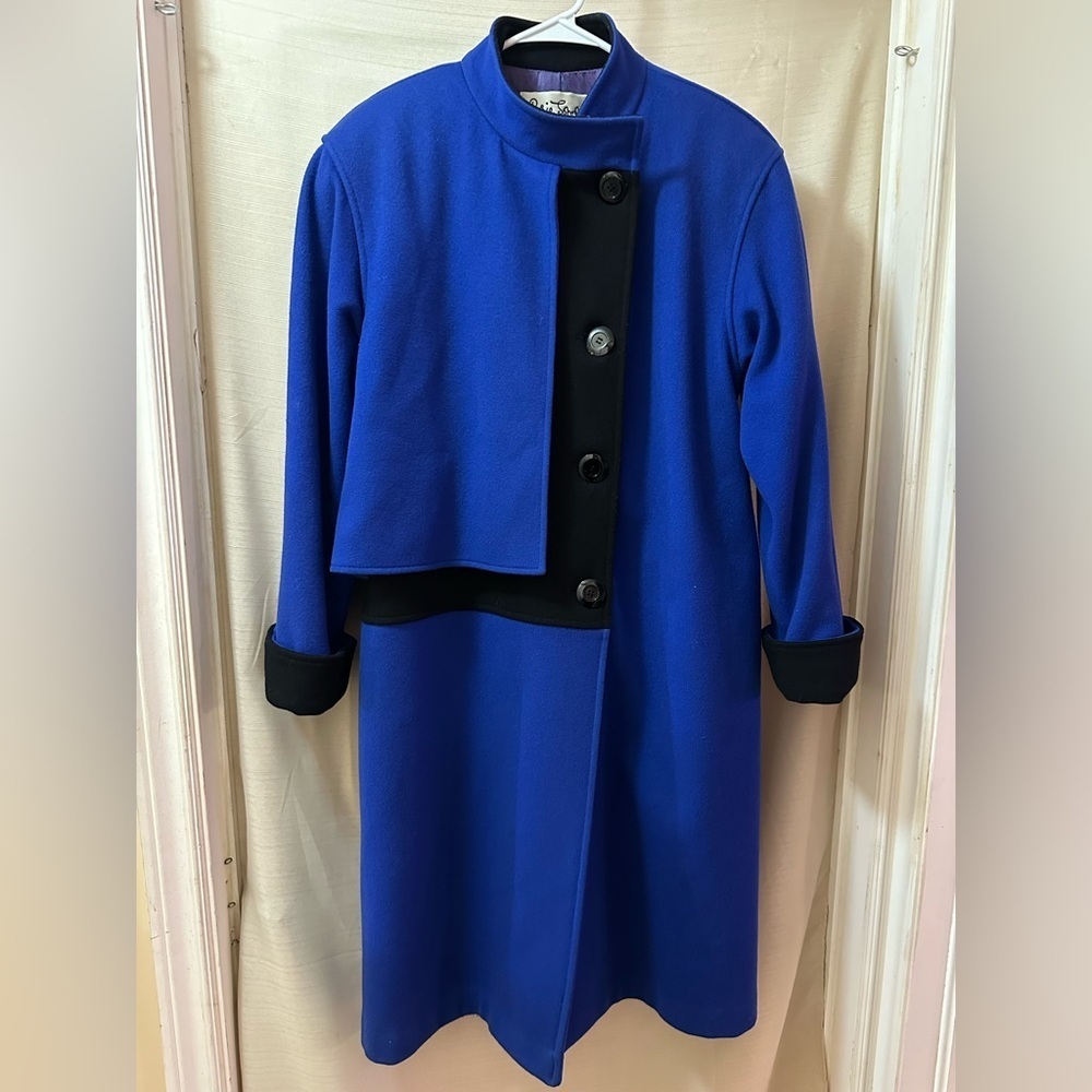 Vintage Rosie Simpson Sterling Stall Blue Wool Coat Canada XL Colorblock 80s